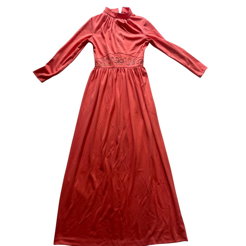 Vintage 70s ILGWU Coral Peach Maxi Dress Mock Neck Embroidered Empire Waist XXS
